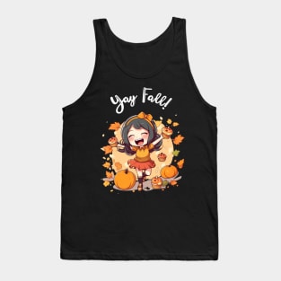 Fall for Our Adorable Chibi Art - Cute and Cozy Autumn Vibes, Yay FALL (White Letters) Tank Top